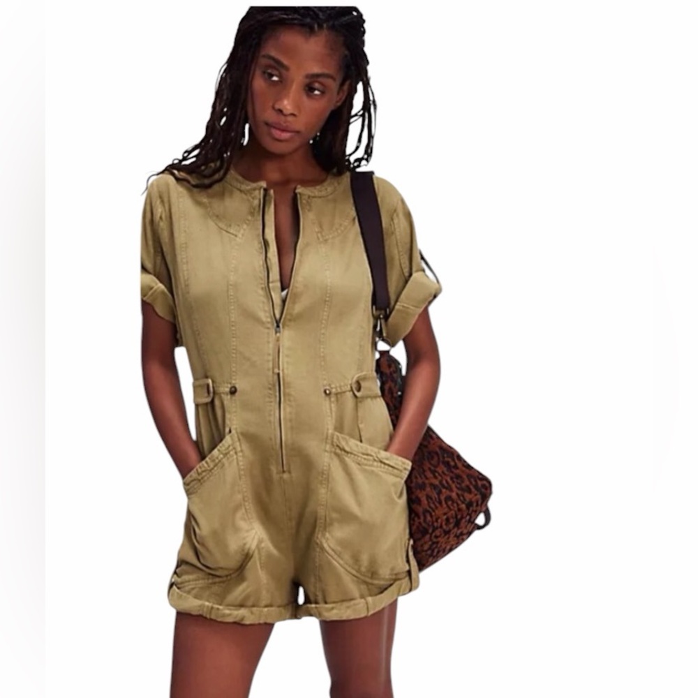 Free People | Let's Ride Shortalls Greyed Olive Small Romper